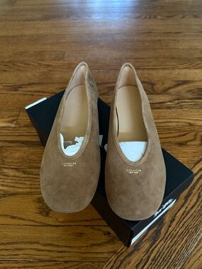 COACH Suede Ballet Flats in Tan with Gold Logo